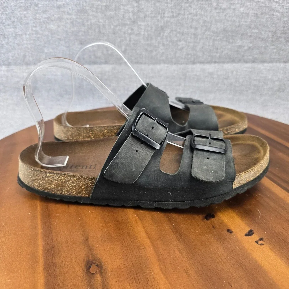 Aurenti Genuine Leather Black Double Strap Buckle Cork Footbed SlideSandals SZ11